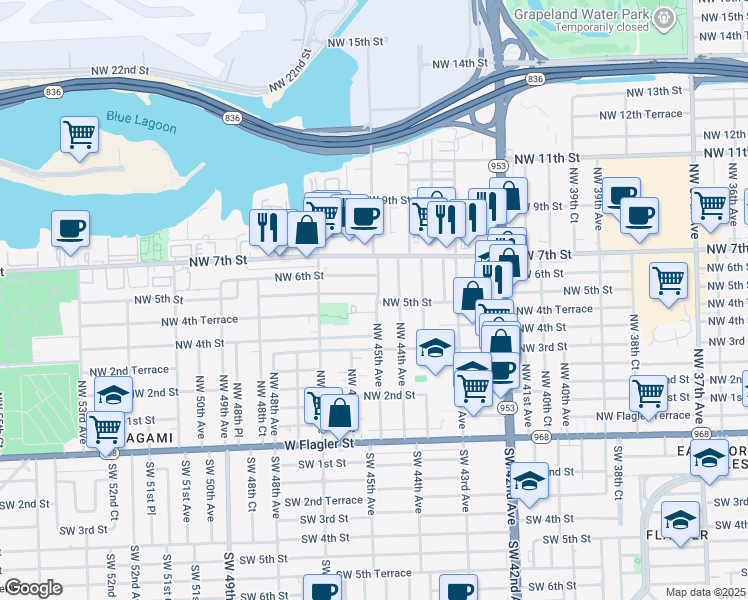 map of restaurants, bars, coffee shops, grocery stores, and more near 4501 Northwest 5th Street in Miami