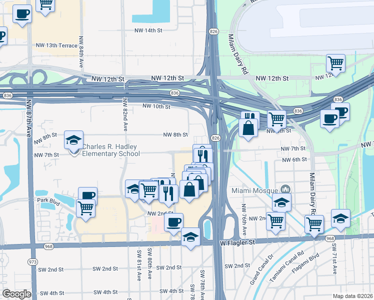 map of restaurants, bars, coffee shops, grocery stores, and more near 7993 Northwest 7th Street in Miami