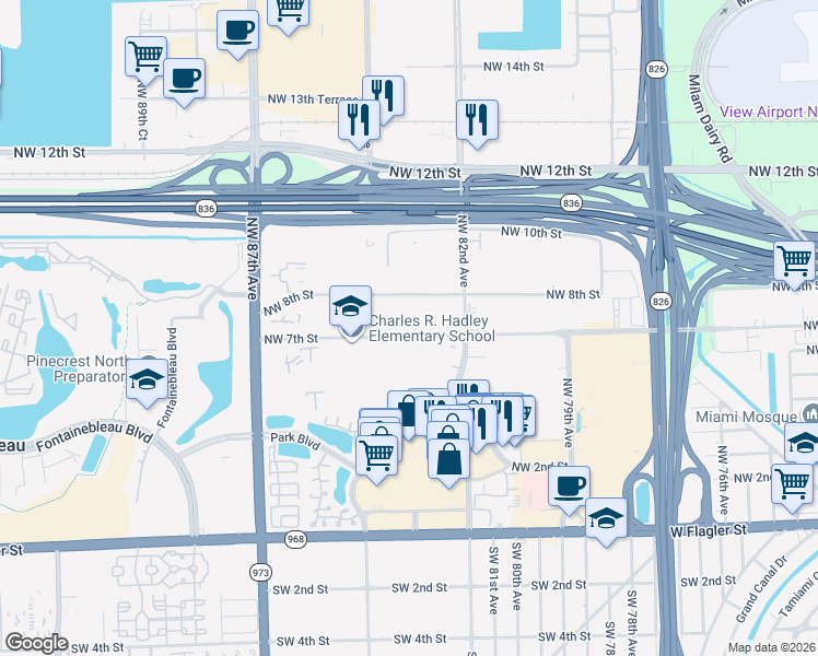 map of restaurants, bars, coffee shops, grocery stores, and more near 12 Northwest 84th Avenue in Miami