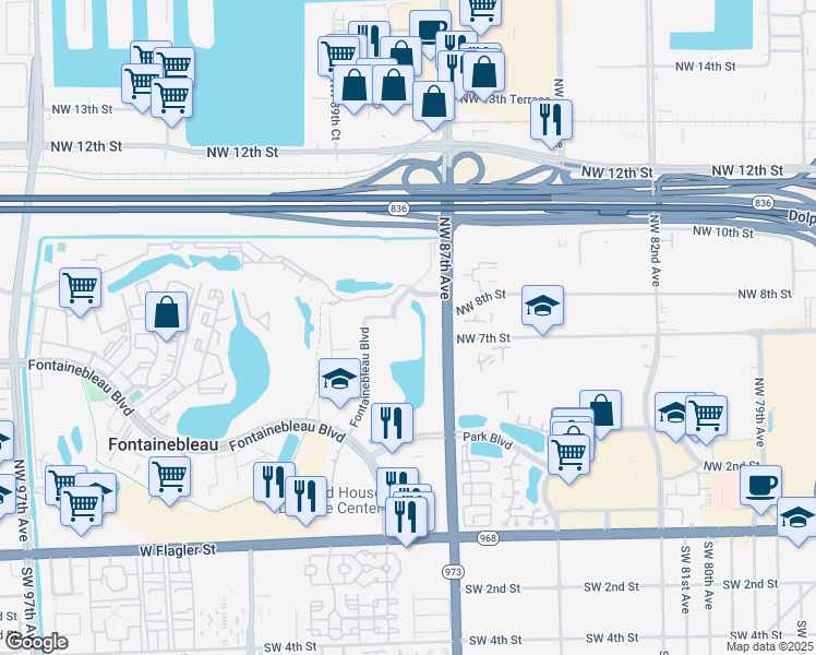 map of restaurants, bars, coffee shops, grocery stores, and more near 8893 Fontainebleau Boulevard in Miami