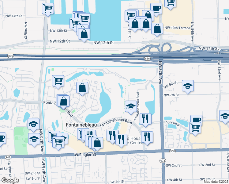 map of restaurants, bars, coffee shops, grocery stores, and more near 9195 Fontainebleau Boulevard in Miami