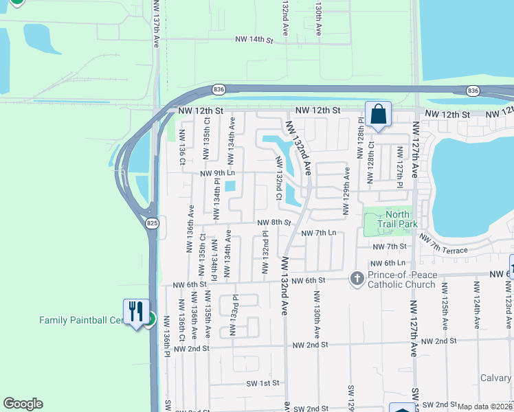 map of restaurants, bars, coffee shops, grocery stores, and more near 890 Northwest 132nd Place in Miami