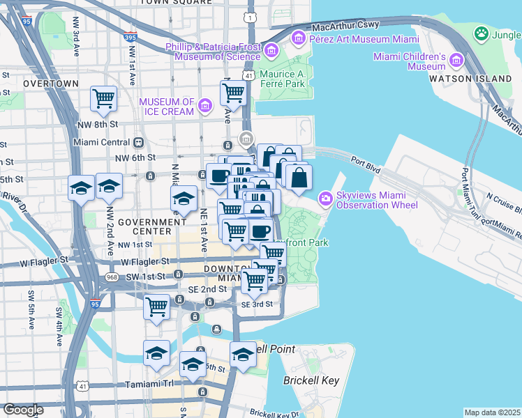 map of restaurants, bars, coffee shops, grocery stores, and more near 244 Biscayne Boulevard in Miami