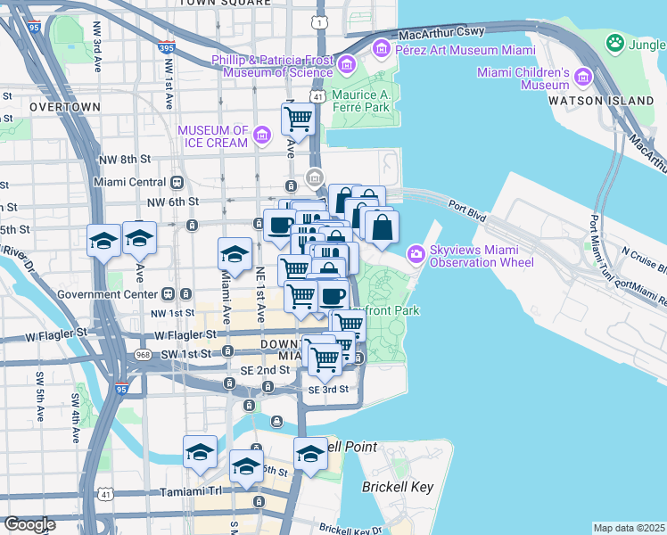map of restaurants, bars, coffee shops, grocery stores, and more near 244 Biscayne Boulevard in Miami