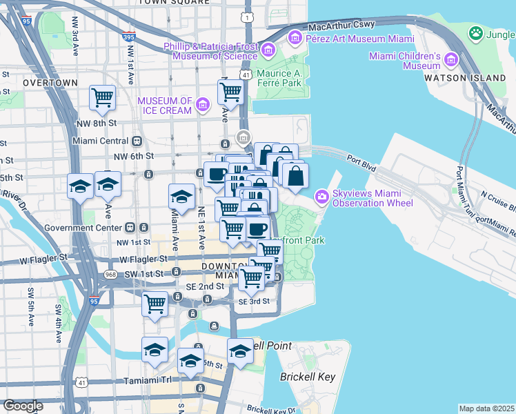 map of restaurants, bars, coffee shops, grocery stores, and more near 244 Biscayne Boulevard in Miami