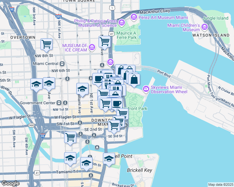 map of restaurants, bars, coffee shops, grocery stores, and more near 244 Biscayne Boulevard in Miami
