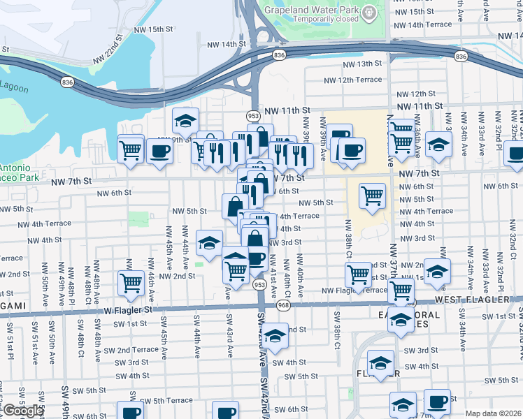 map of restaurants, bars, coffee shops, grocery stores, and more near in Miami