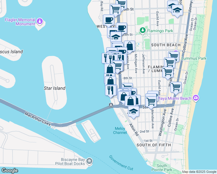 map of restaurants, bars, coffee shops, grocery stores, and more near in Miami Beach