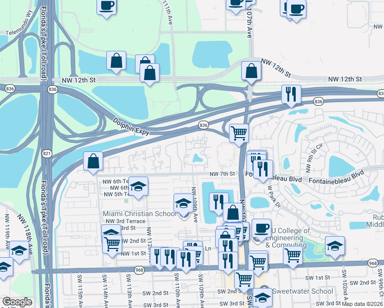 map of restaurants, bars, coffee shops, grocery stores, and more near 10827 Northwest 7th Street in Miami