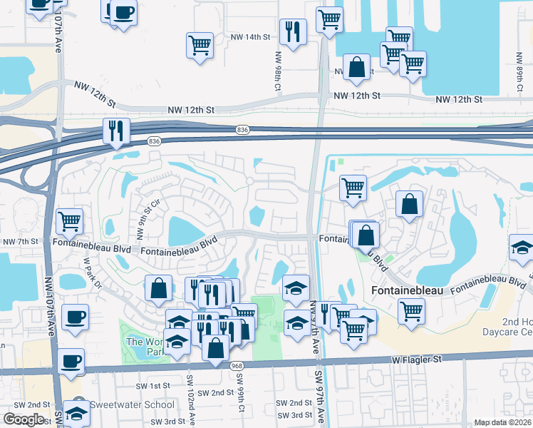 map of restaurants, bars, coffee shops, grocery stores, and more near 9820 Northwest 8th Street in Miami