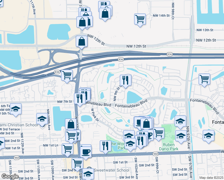 map of restaurants, bars, coffee shops, grocery stores, and more near 10303 Northwest 9th Street Circle in Miami