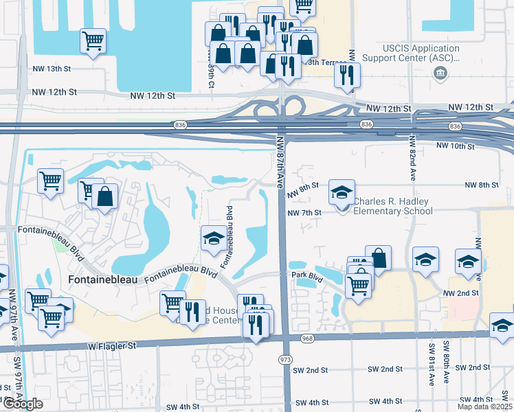 map of restaurants, bars, coffee shops, grocery stores, and more near 8893 Fontainebleau Boulevard in Miami