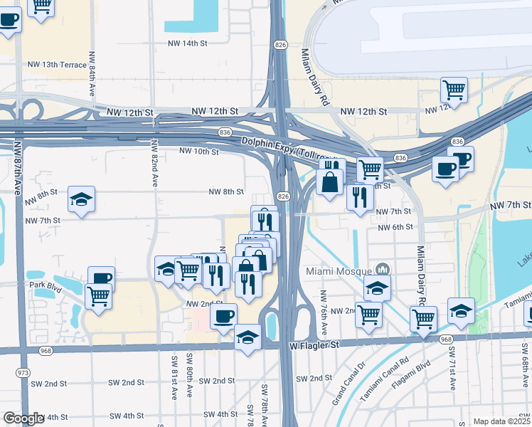 map of restaurants, bars, coffee shops, grocery stores, and more near 7741 Northwest 7th Street in Miami