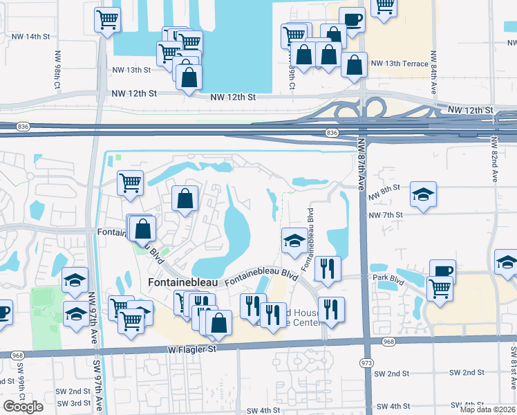 map of restaurants, bars, coffee shops, grocery stores, and more near 9195 Fontainebleau Boulevard in Miami
