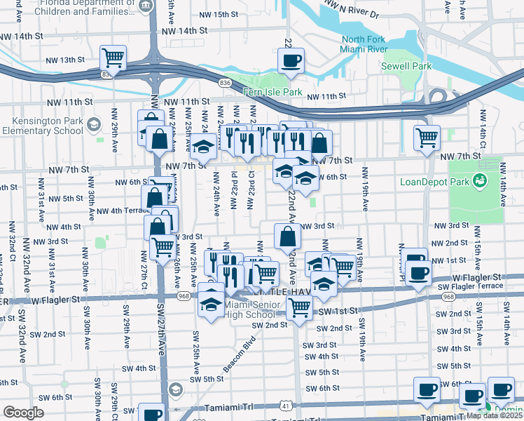 map of restaurants, bars, coffee shops, grocery stores, and more near 451 Northwest 23rd Court in Miami