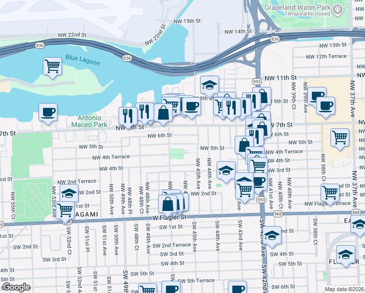 map of restaurants, bars, coffee shops, grocery stores, and more near 4611 Northwest 5th Street in Miami