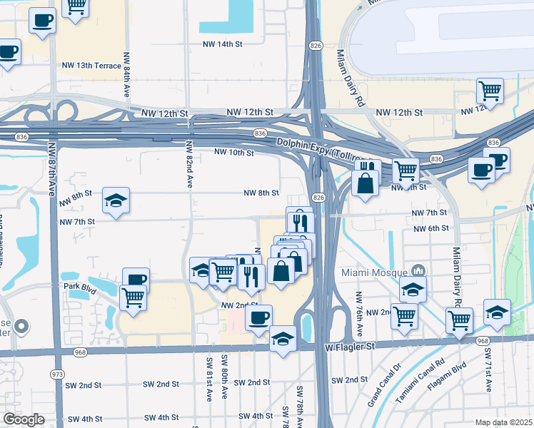 map of restaurants, bars, coffee shops, grocery stores, and more near 7993 Northwest 7th Street in Miami