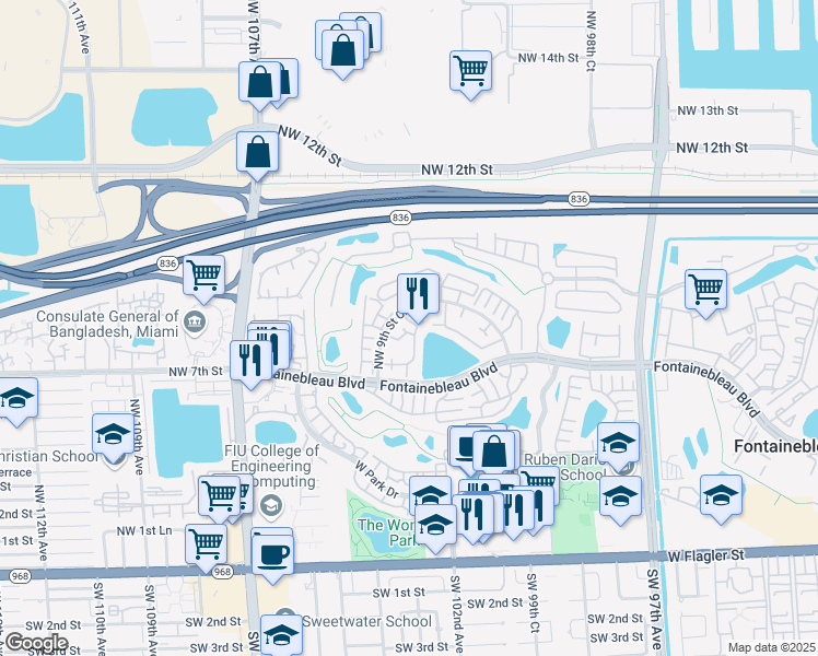 map of restaurants, bars, coffee shops, grocery stores, and more near 10288 Northwest 9th Street Circle in Miami