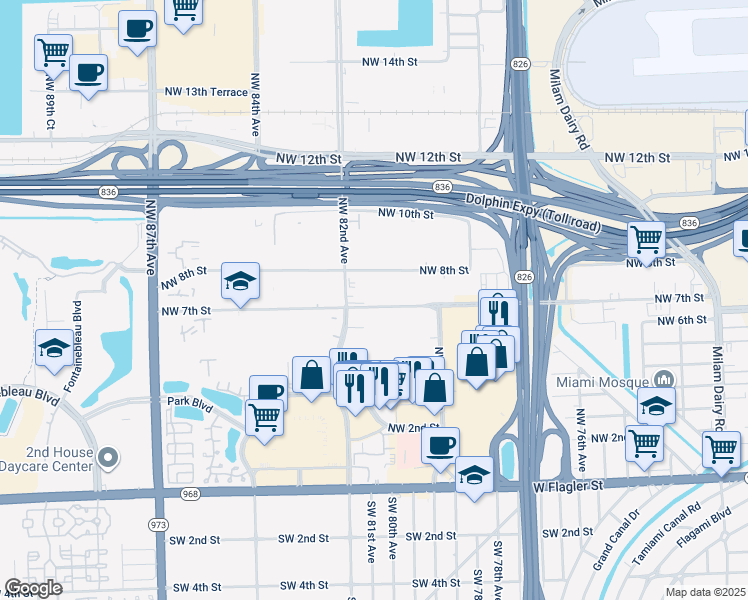 map of restaurants, bars, coffee shops, grocery stores, and more near 8075 Northwest 7th Street in Miami