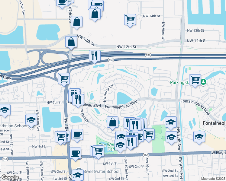 map of restaurants, bars, coffee shops, grocery stores, and more near 10288 Northwest 9th Street Circle in Miami