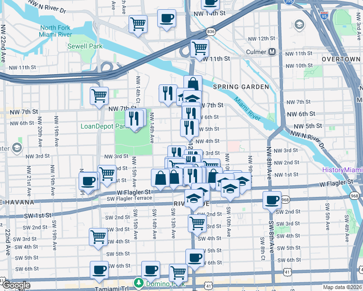 map of restaurants, bars, coffee shops, grocery stores, and more near 1235 Northwest 4th Street in Miami