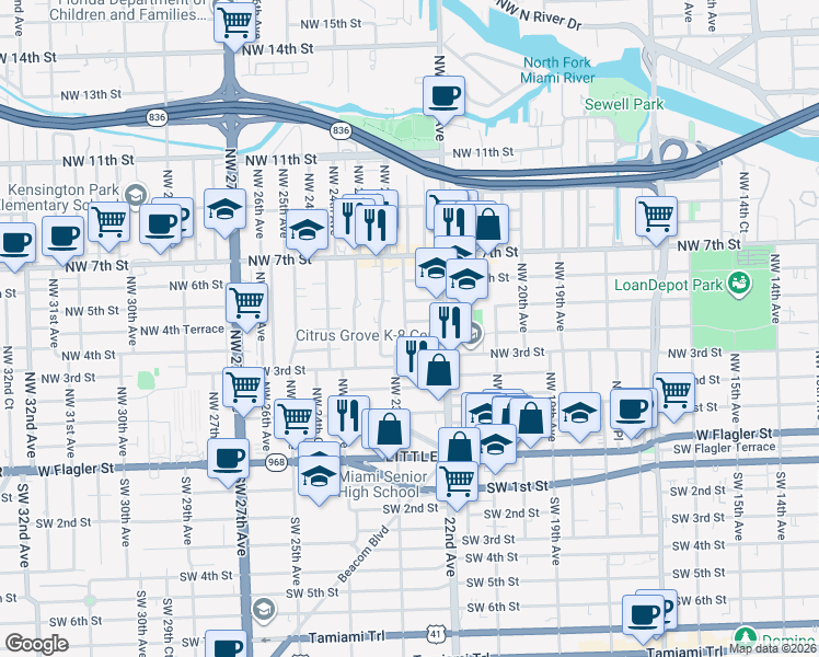 map of restaurants, bars, coffee shops, grocery stores, and more near 2239 Northwest 4th Terrace in Miami