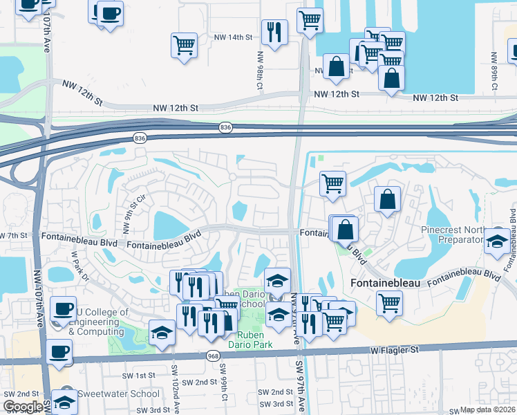 map of restaurants, bars, coffee shops, grocery stores, and more near 9738 Northwest 8th Terrace in Miami