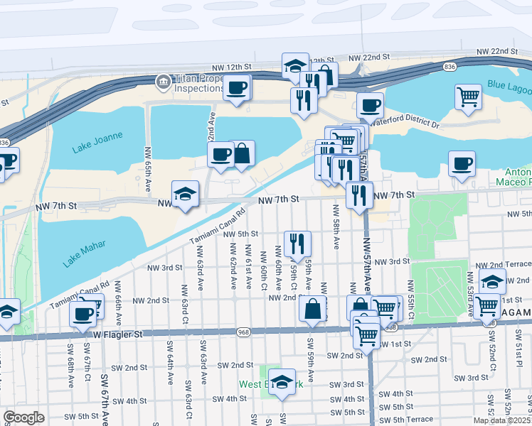 map of restaurants, bars, coffee shops, grocery stores, and more near 6060 Northwest 7th Street in Miami