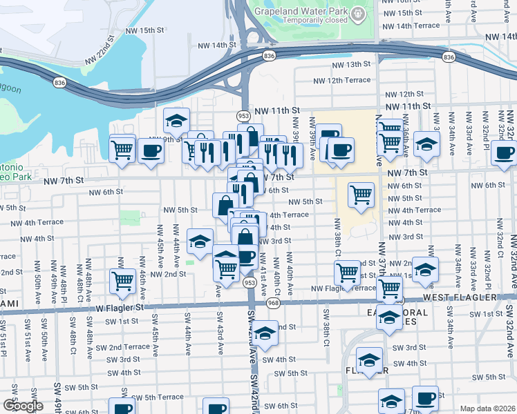 map of restaurants, bars, coffee shops, grocery stores, and more near 4111 Northwest 5th Street in Miami