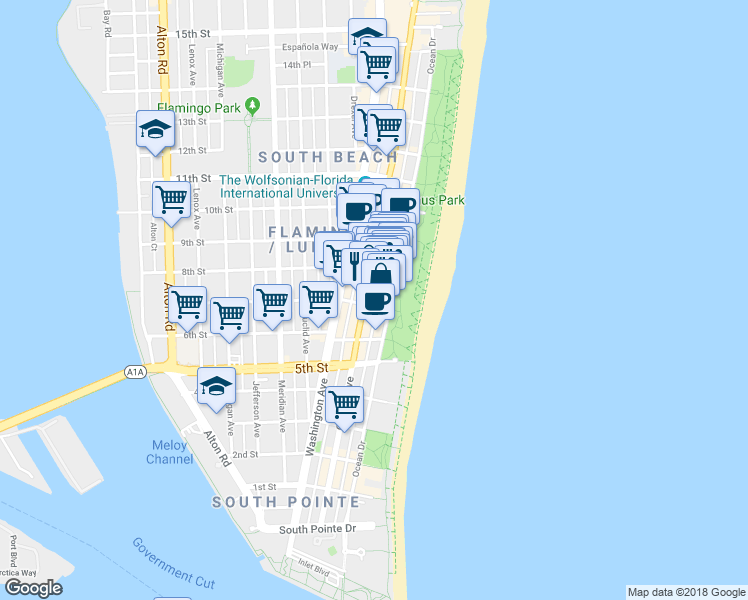 map of restaurants, bars, coffee shops, grocery stores, and more near 740 Ocean Drive in Miami Beach