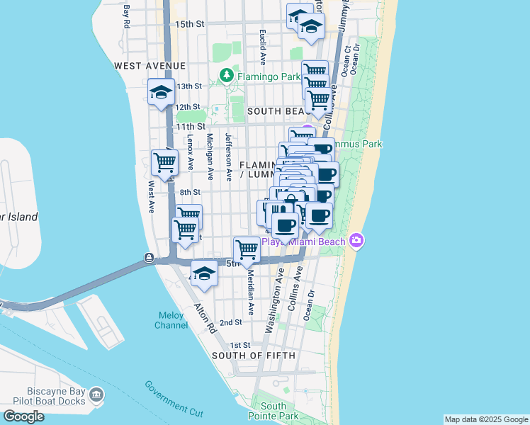 map of restaurants, bars, coffee shops, grocery stores, and more near 719 Euclid Avenue in Miami Beach