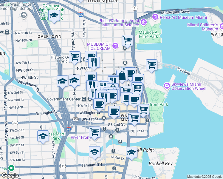 map of restaurants, bars, coffee shops, grocery stores, and more near 301 North Miami Avenue in Miami