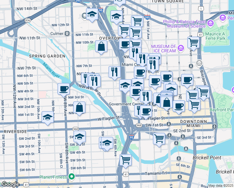map of restaurants, bars, coffee shops, grocery stores, and more near 350 Northwest 4th Avenue in Miami