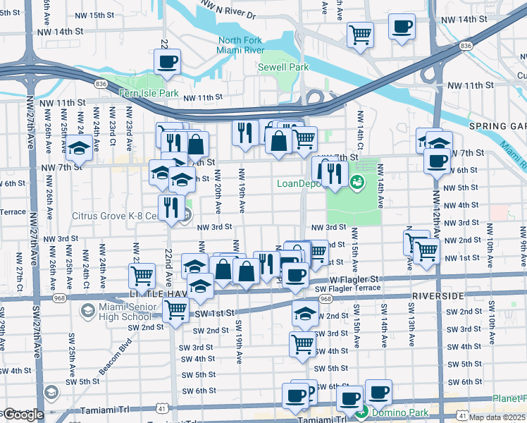 map of restaurants, bars, coffee shops, grocery stores, and more near 1862 Northwest 5th Street in Miami