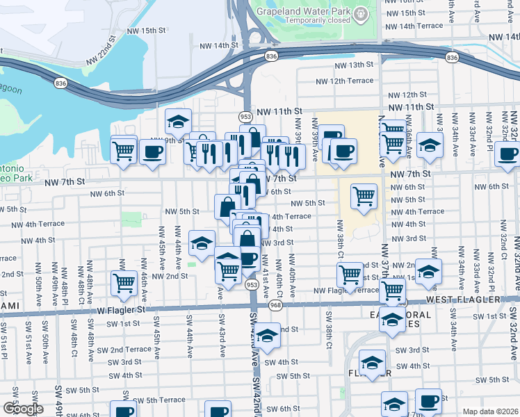 map of restaurants, bars, coffee shops, grocery stores, and more near 4111 Northwest 5th Street in Miami