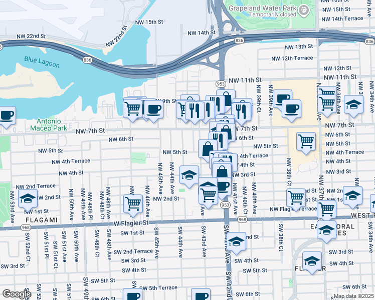 map of restaurants, bars, coffee shops, grocery stores, and more near 532 Northwest 43rd Court in Miami