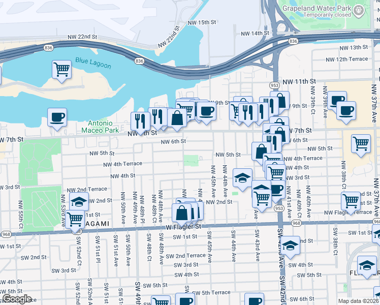 map of restaurants, bars, coffee shops, grocery stores, and more near 4611 Northwest 5th Street in Miami
