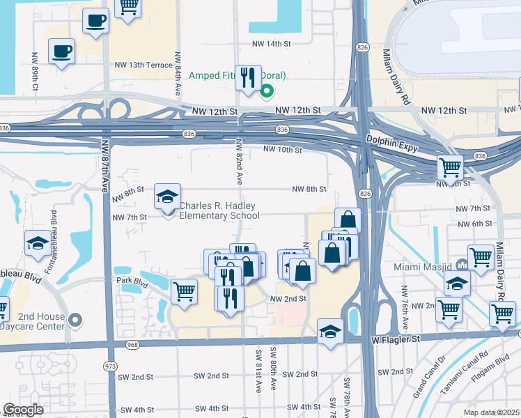 map of restaurants, bars, coffee shops, grocery stores, and more near 8075 Northwest 7th Street in Miami