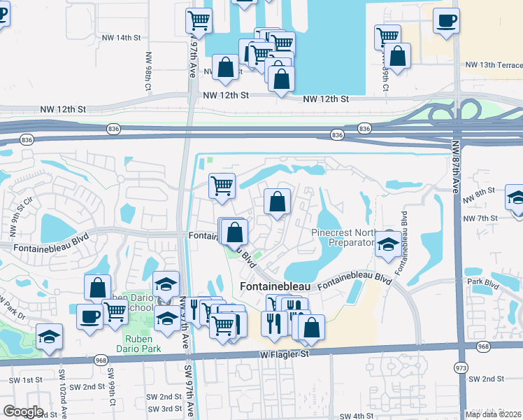 map of restaurants, bars, coffee shops, grocery stores, and more near 9435 Fontainebleau Boulevard in Miami