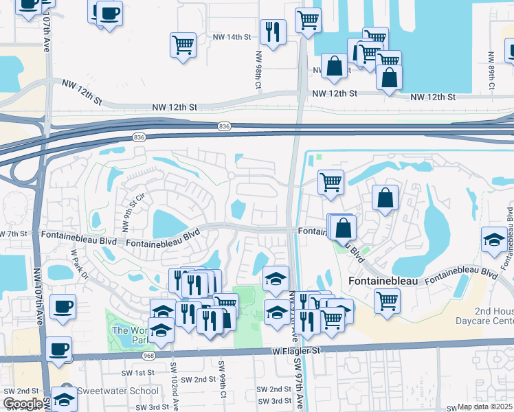 map of restaurants, bars, coffee shops, grocery stores, and more near 9738 Northwest 8th Terrace in Miami