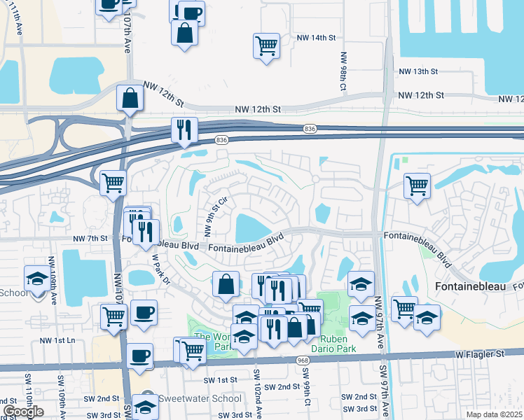 map of restaurants, bars, coffee shops, grocery stores, and more near 10040 Northwest 9th Street Circle in Miami