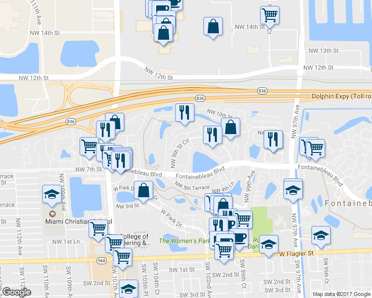 map of restaurants, bars, coffee shops, grocery stores, and more near 10288 Northwest 9th Street Circle in Miami