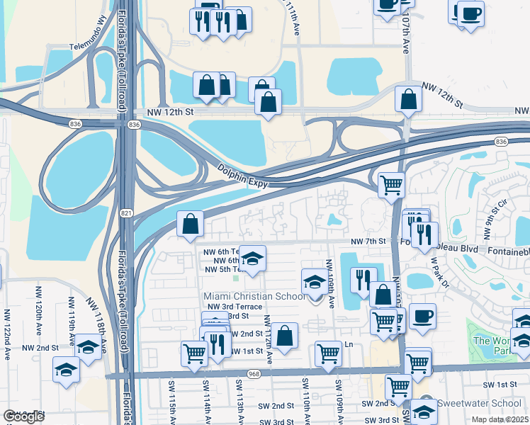 map of restaurants, bars, coffee shops, grocery stores, and more near 11221 Northwest 7th Street in Miami