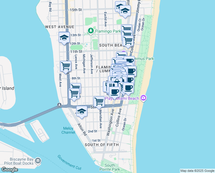 map of restaurants, bars, coffee shops, grocery stores, and more near Euclid Ave & 7th St in Miami Beach