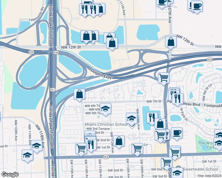 map of restaurants, bars, coffee shops, grocery stores, and more near 11221 Northwest 7th Street in Miami