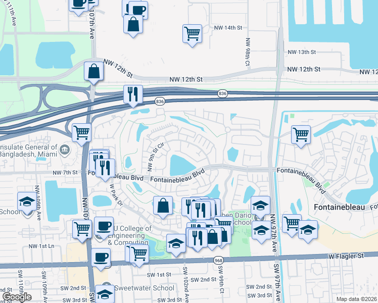map of restaurants, bars, coffee shops, grocery stores, and more near 10040 Northwest 9th Street Circle in Miami
