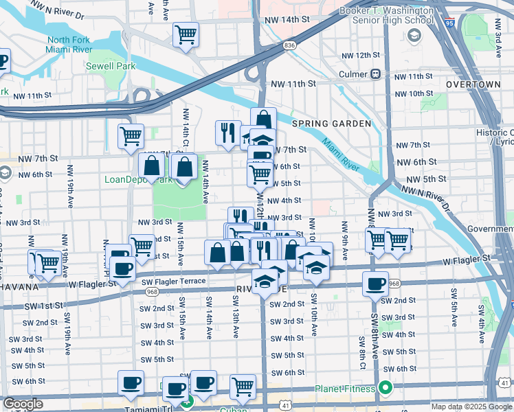 map of restaurants, bars, coffee shops, grocery stores, and more near 1235 Northwest 4th Street in Miami