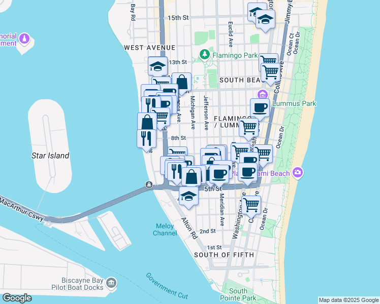 map of restaurants, bars, coffee shops, grocery stores, and more near 725 Lenox Avenue in Miami Beach
