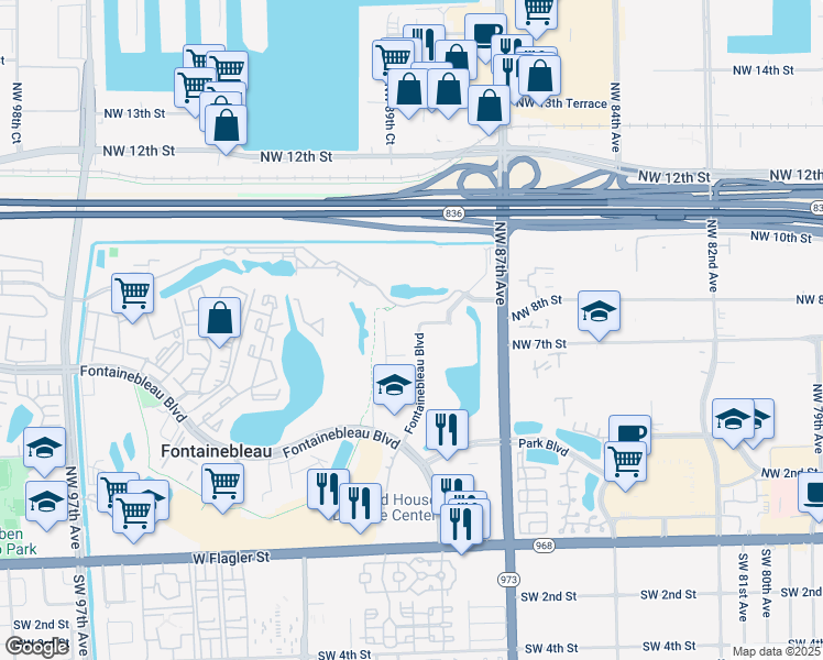 map of restaurants, bars, coffee shops, grocery stores, and more near 8881B Fontainebleau Boulevard in Miami