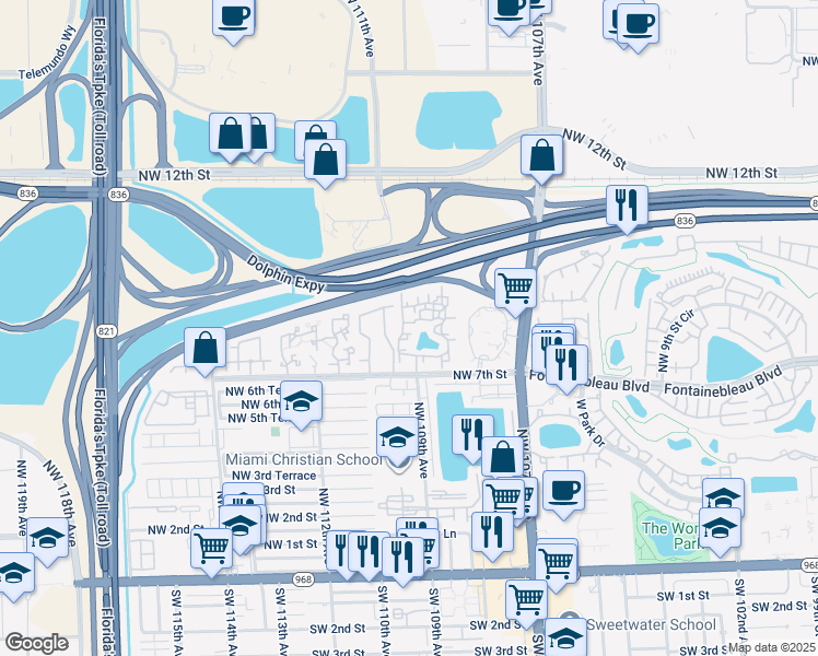 map of restaurants, bars, coffee shops, grocery stores, and more near 10871 Northwest 7th Street in Miami